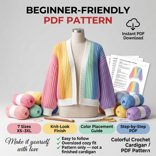 Colorful Crochet Cardigan PDF Pattern, Striped Pullover Jacket Tutorial, Beginner Knit-Look Guide, Instant Digital Download DIY