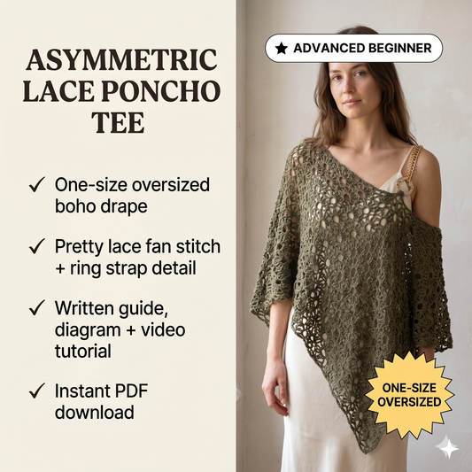 Crochet Asymmetric Lace Poncho Tee Pattern (UK Terms) Digital Download PDF