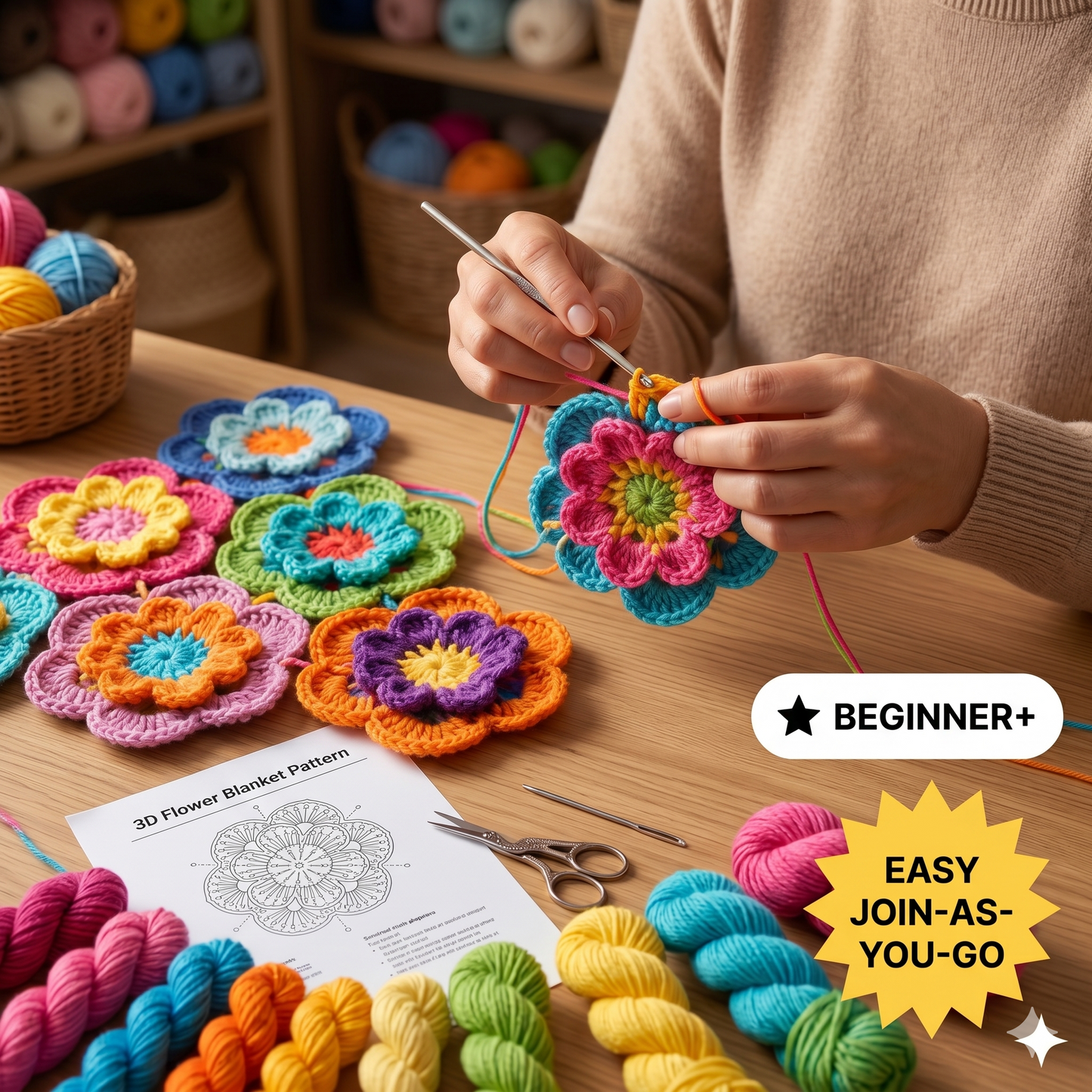 Crochet Flower Blanket Pattern – 3D Floral Granny Square Throw (PDF Download)