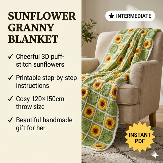 Crochet Sunflower Granny Square Pattern, 120X150cm Crochet Baby Blanket Boho Pattern, Printable Instructions Download PDF Gifts for Her