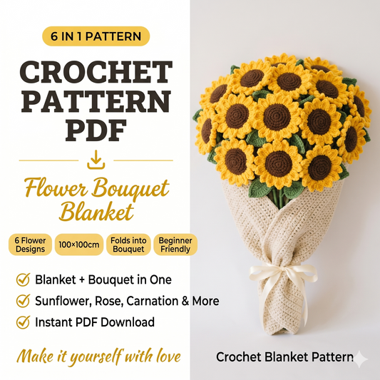 Crochet Flower Bouquet Blanket Pattern PDF – 6 in 1 Floral Blanket, Sunflower & Rose