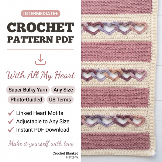 CROCHET PATTERN - With All My Heart - crochet blanket pattern, heart afghan pattern, throw blanket pattern with linked hearts - PDF Download